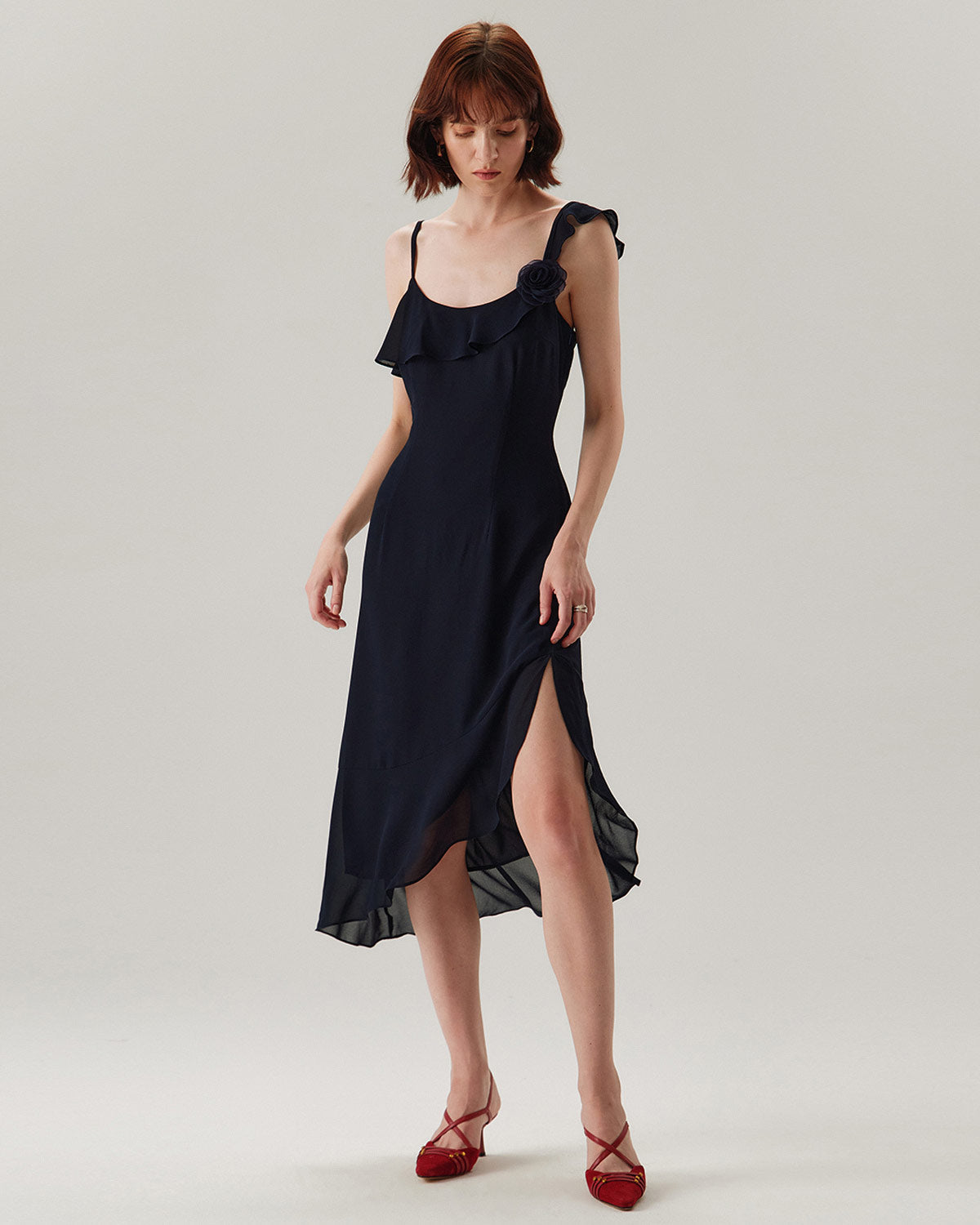 Blue Chiffon Ruffle Slip Midi Dress - Threadford