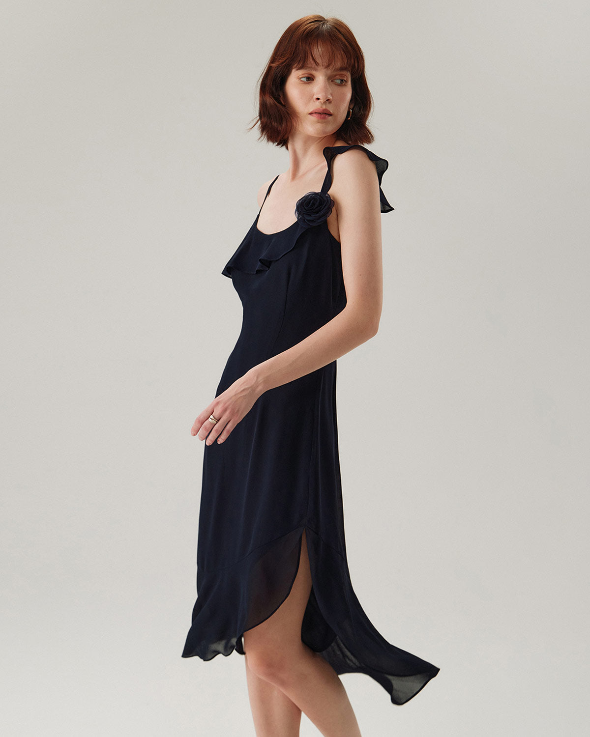 Blue Chiffon Ruffle Slip Midi Dress - Threadford