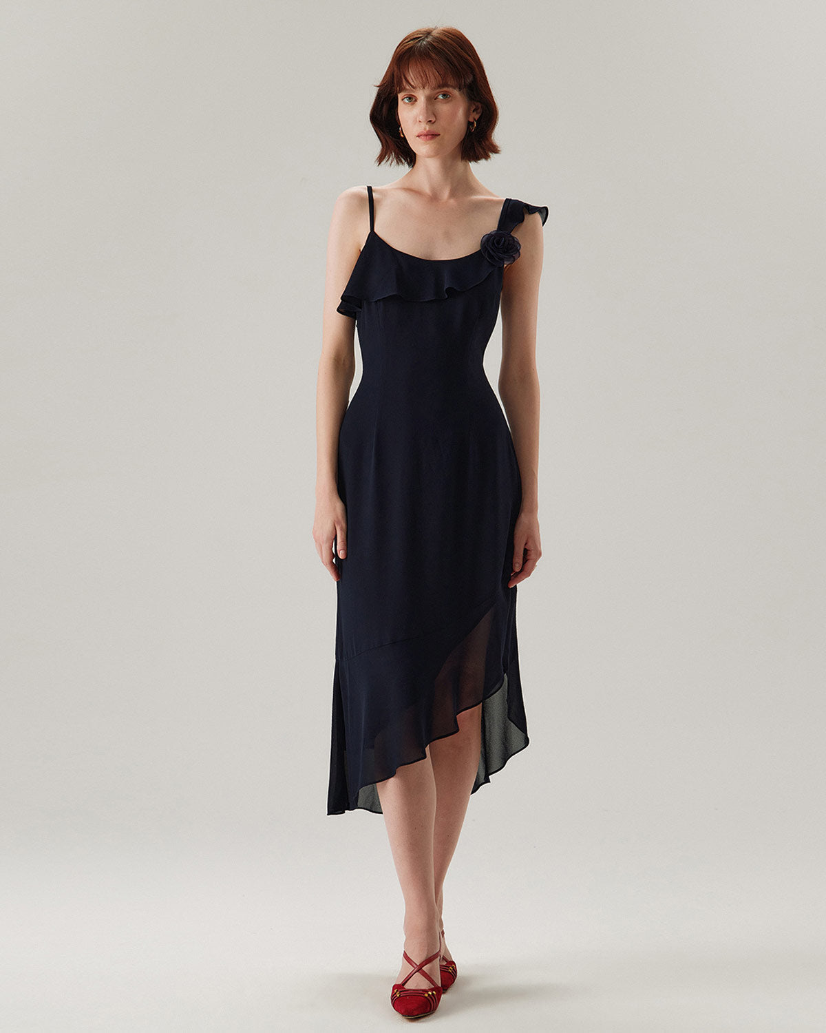 Blue Chiffon Ruffle Slip Midi Dress - Threadford