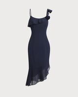 Blue Chiffon Ruffle Slip Midi Dress - Threadford
