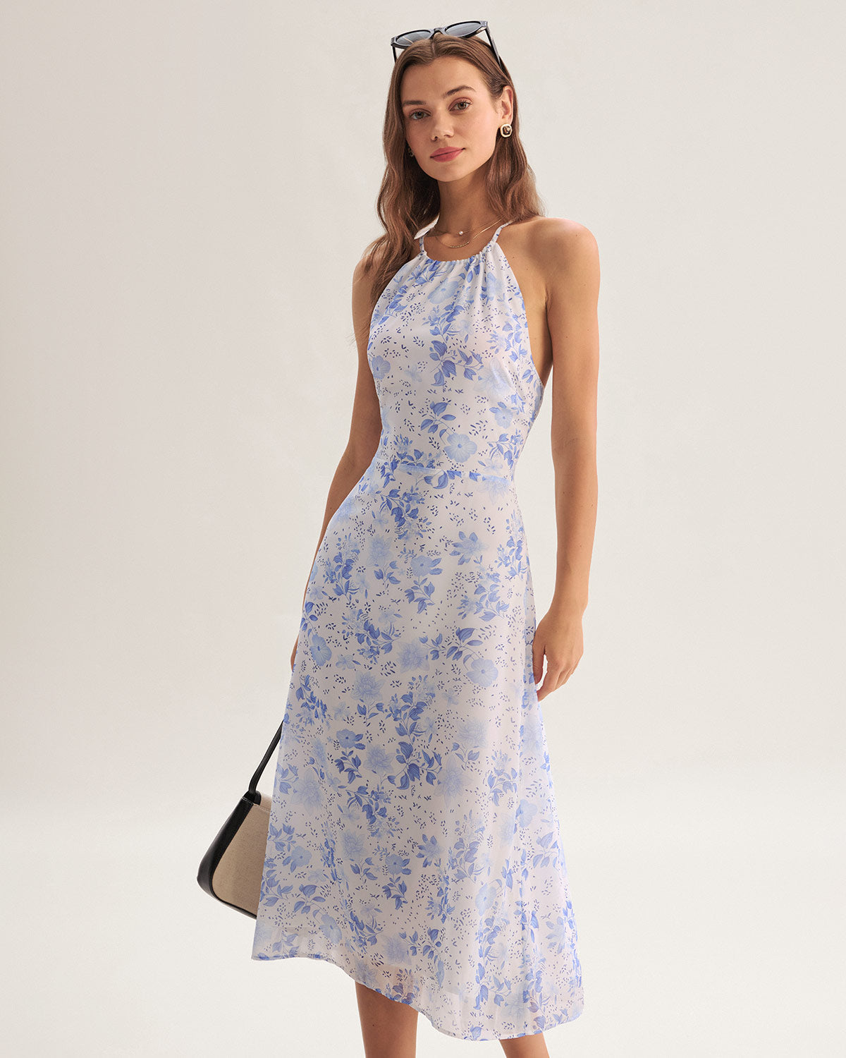 Blue Floral Halter Midi Dress - Threadford