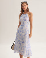 Blue Floral Halter Midi Dress - Threadford