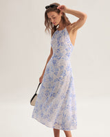 Blue Floral Halter Midi Dress - Threadford