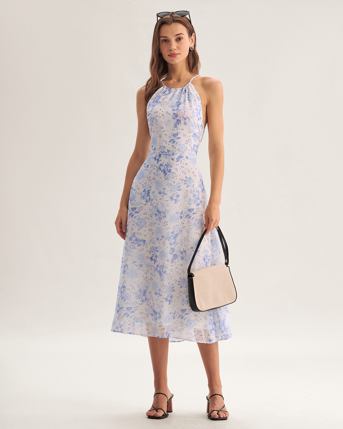 Blue Floral Halter Midi Dress - Threadford