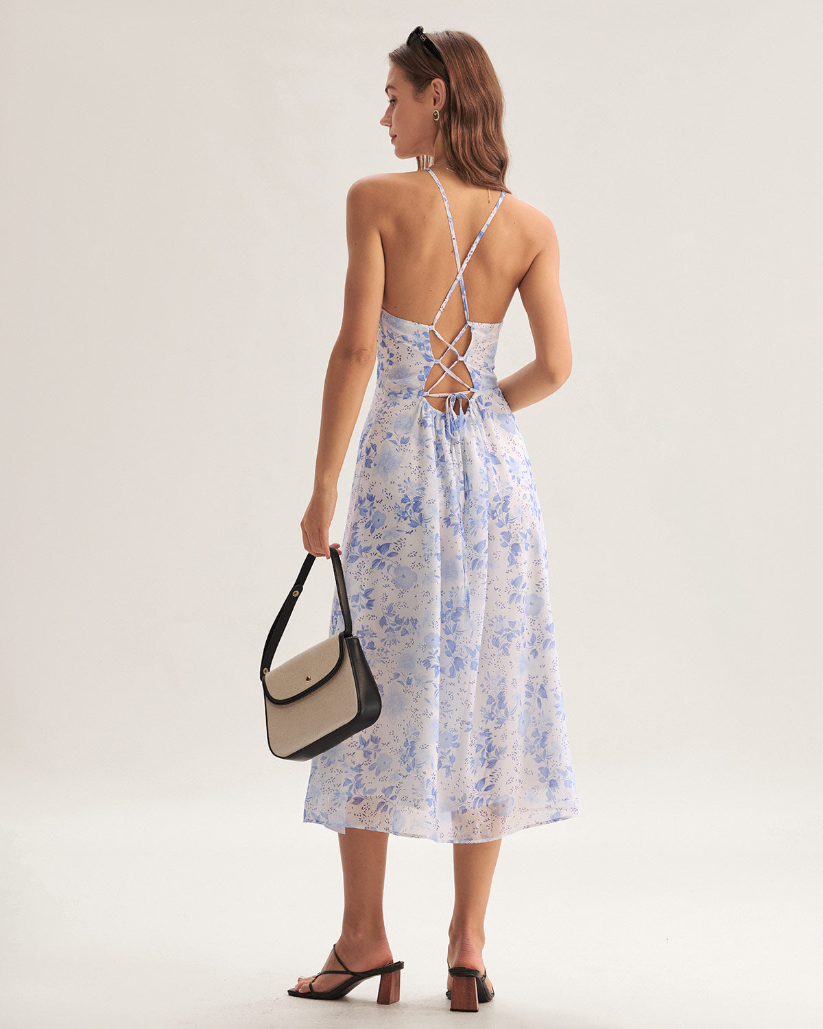 Blue Floral Halter Midi Dress - Threadford