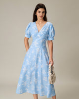 Blue Floral Puffed Sleeve Ruched Midi Dress - Threadford