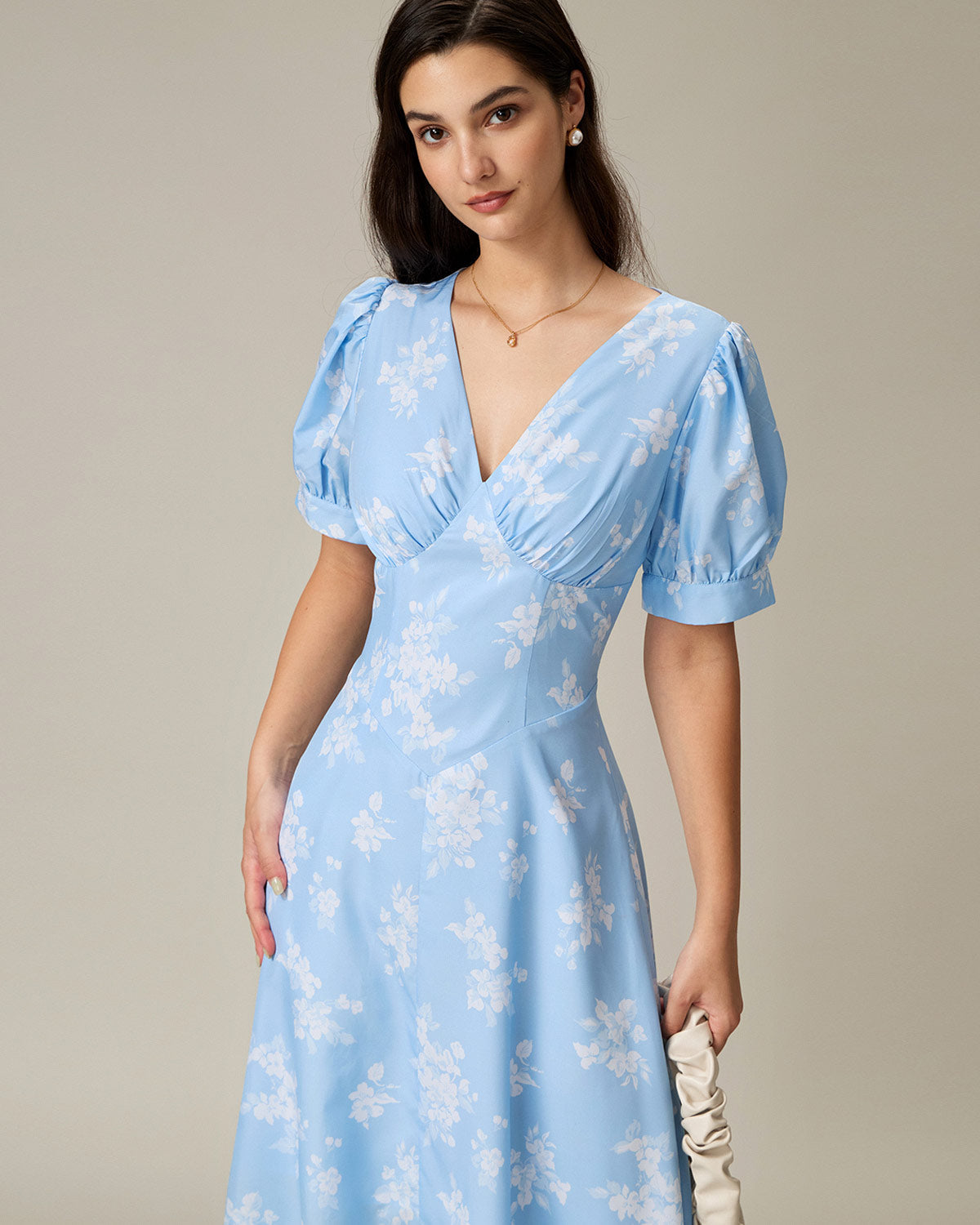 Blue Floral Puffed Sleeve Ruched Midi Dress - Threadford