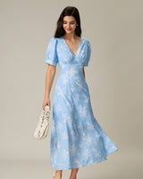 Blue Floral Puffed Sleeve Ruched Midi Dress - Threadford
