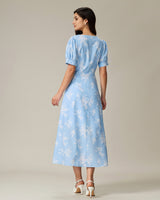 Blue Floral Puffed Sleeve Ruched Midi Dress - Threadford