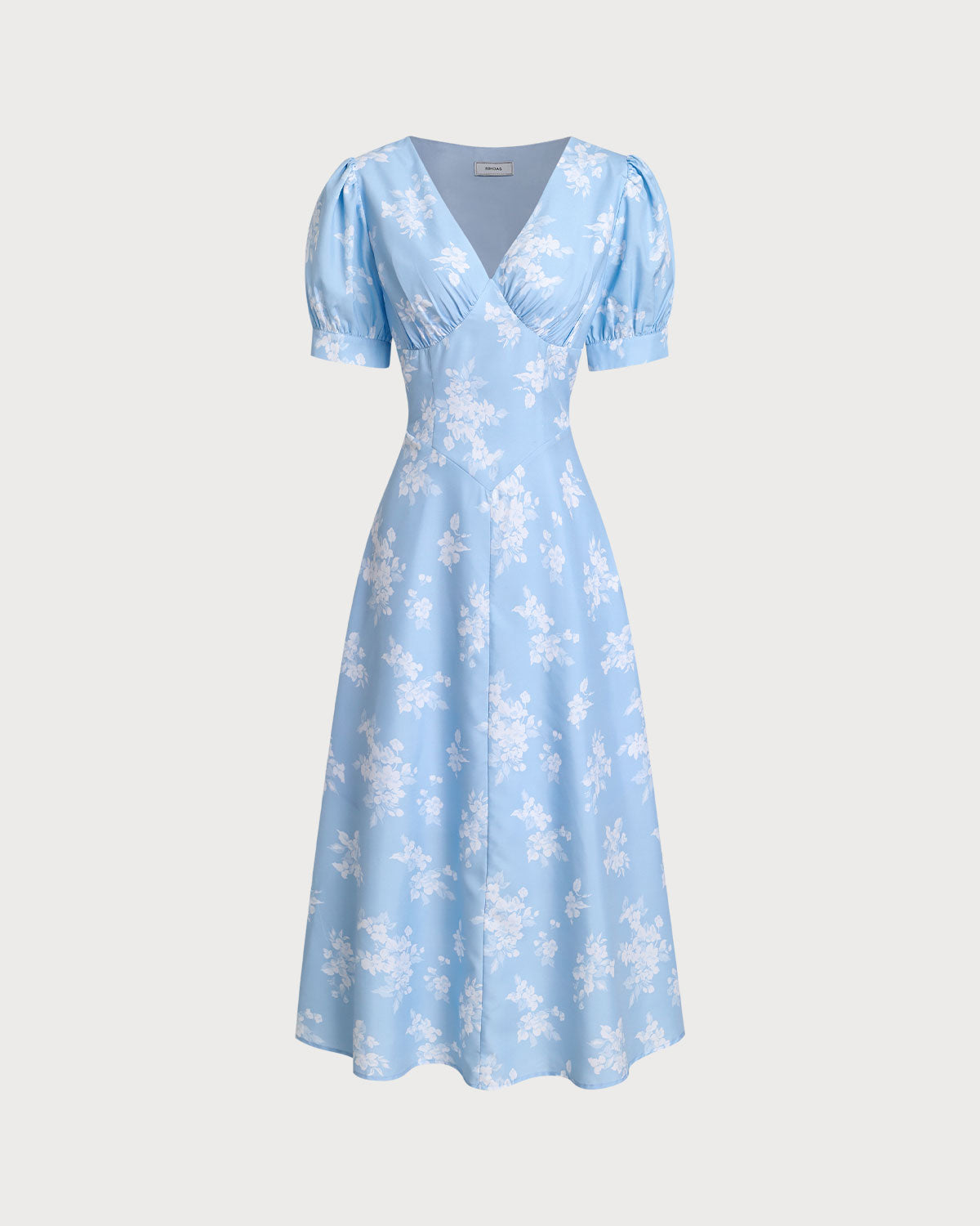 Blue Floral Puffed Sleeve Ruched Midi Dress - Threadford