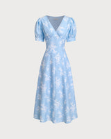 Blue Floral Puffed Sleeve Ruched Midi Dress - Threadford