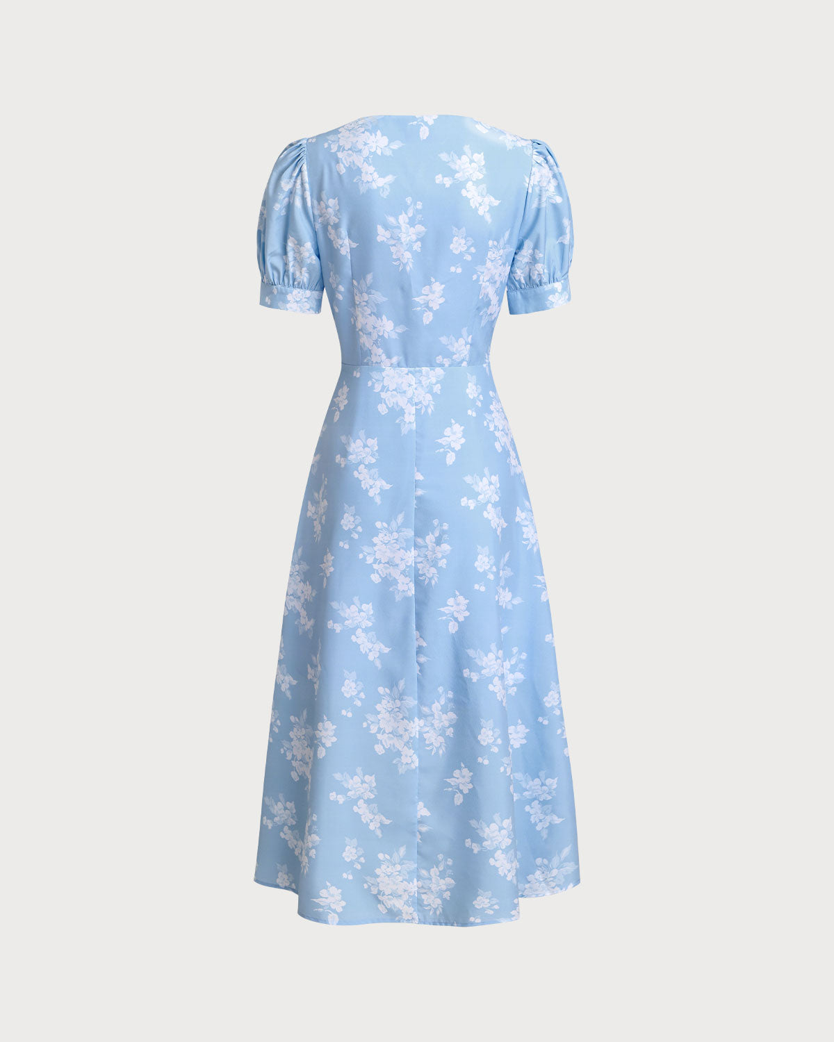 Blue Floral Puffed Sleeve Ruched Midi Dress - Threadford