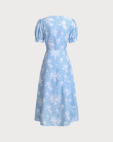 Blue Floral Puffed Sleeve Ruched Midi Dress - Threadford
