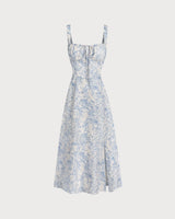 Blue Floral Ruched Slip Midi Dress - Threadford