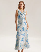 Blue Floral Ruffle V Neck Sleeveless Midi Dress - Threadford