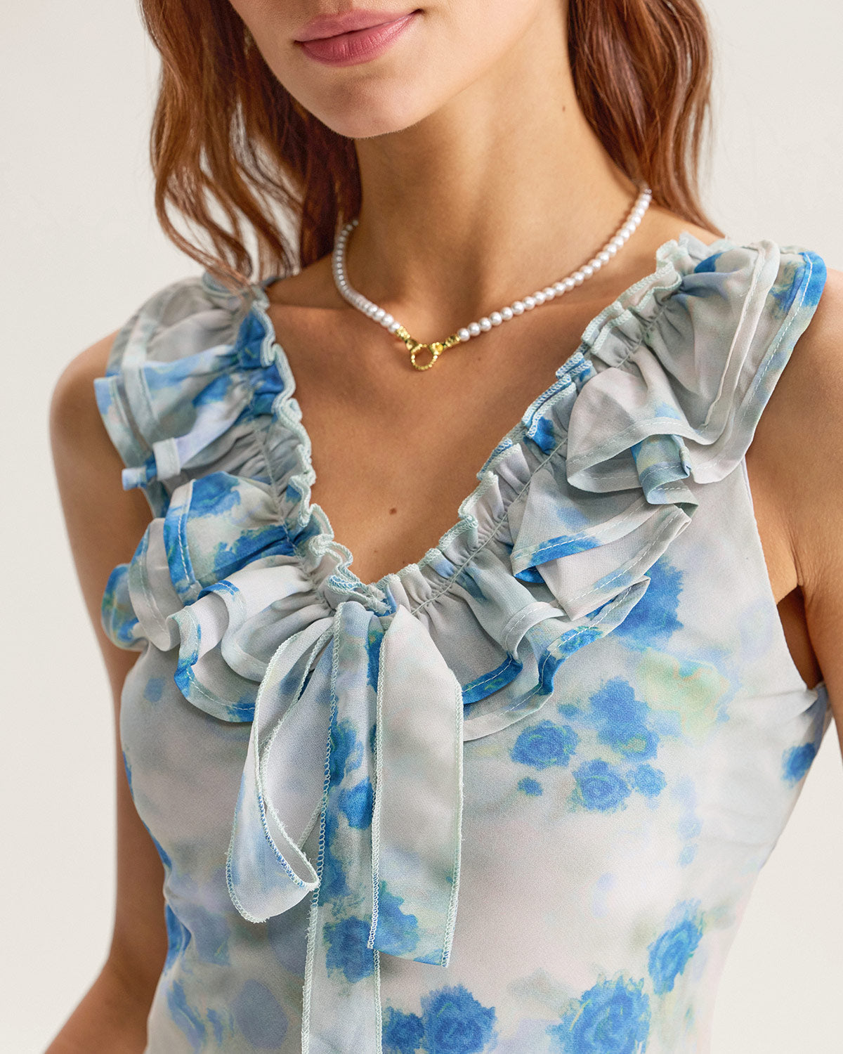 Blue Floral Ruffle V Neck Sleeveless Midi Dress - Threadford