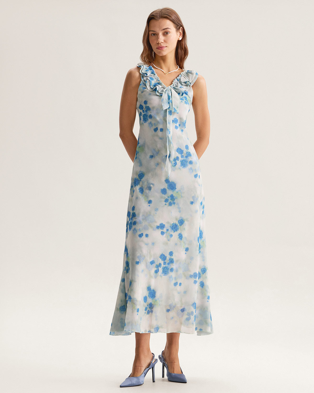 Blue Floral Ruffle V Neck Sleeveless Midi Dress - Threadford