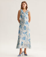 Blue Floral Ruffle V Neck Sleeveless Midi Dress - Threadford