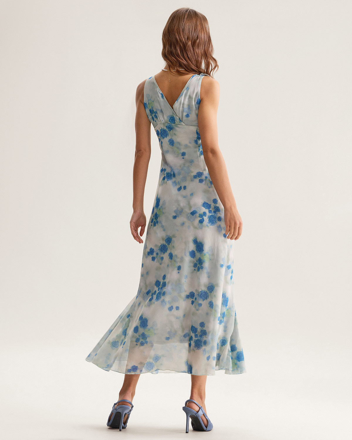Blue Floral Ruffle V Neck Sleeveless Midi Dress - Threadford