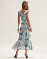 Blue Floral Ruffle V Neck Sleeveless Midi Dress - Threadford