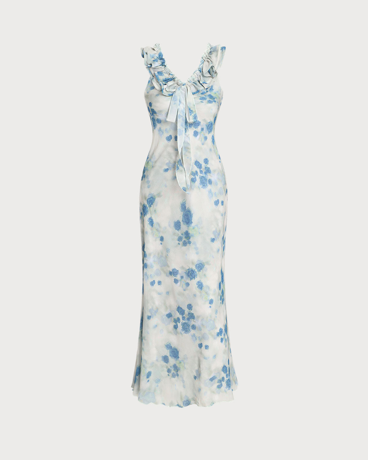 Blue Floral Ruffle V Neck Sleeveless Midi Dress - Threadford