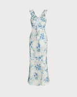 Blue Floral Ruffle V Neck Sleeveless Midi Dress - Threadford