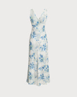 Blue Floral Ruffle V Neck Sleeveless Midi Dress - Threadford