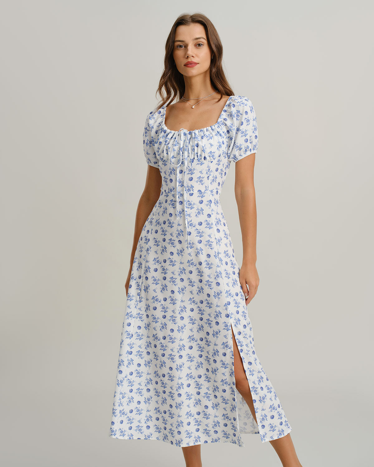 Blue Floral Square Neck Ruched Midi Dress - Threadford