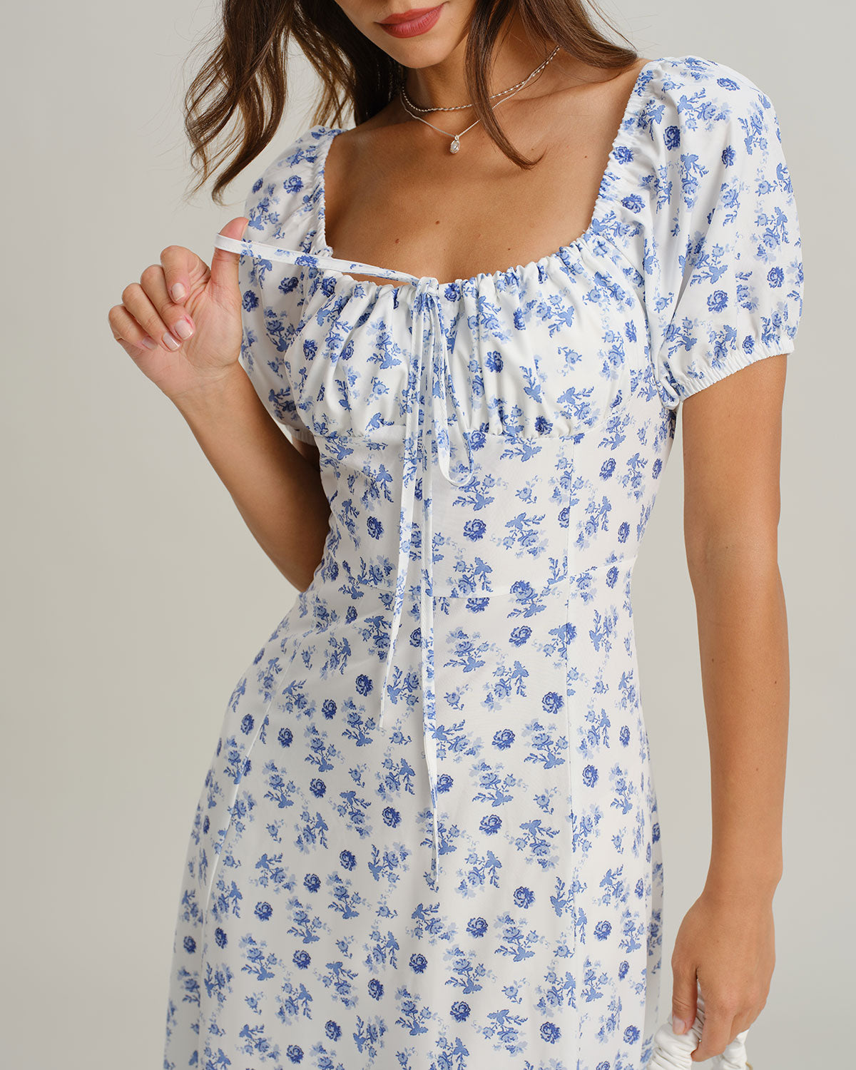 Blue Floral Square Neck Ruched Midi Dress - Threadford