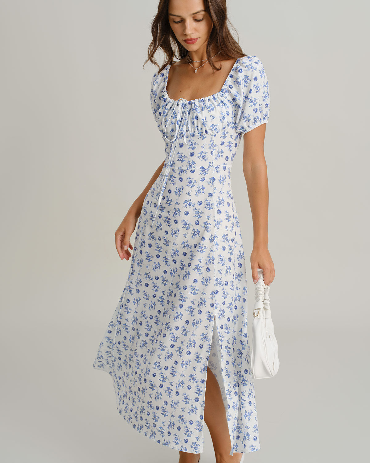 Blue Floral Square Neck Ruched Midi Dress - Threadford