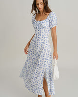 Blue Floral Square Neck Ruched Midi Dress - Threadford