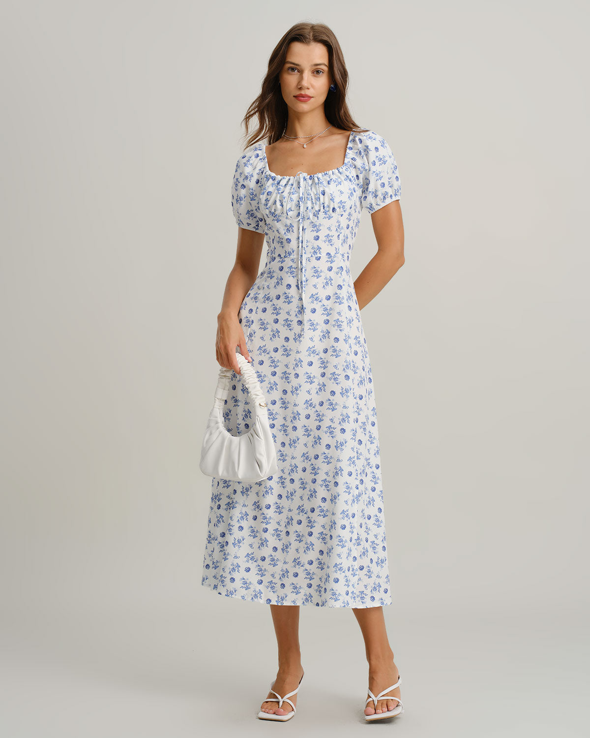 Blue Floral Square Neck Ruched Midi Dress - Threadford