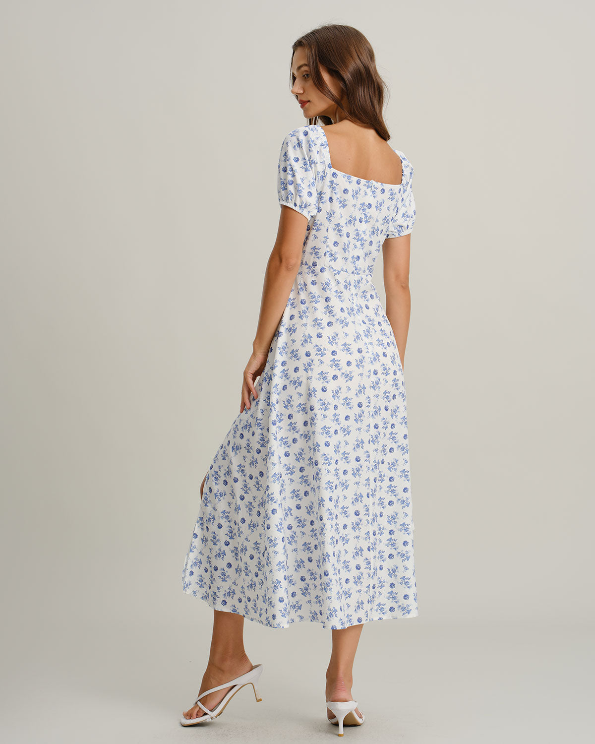 Blue Floral Square Neck Ruched Midi Dress - Threadford