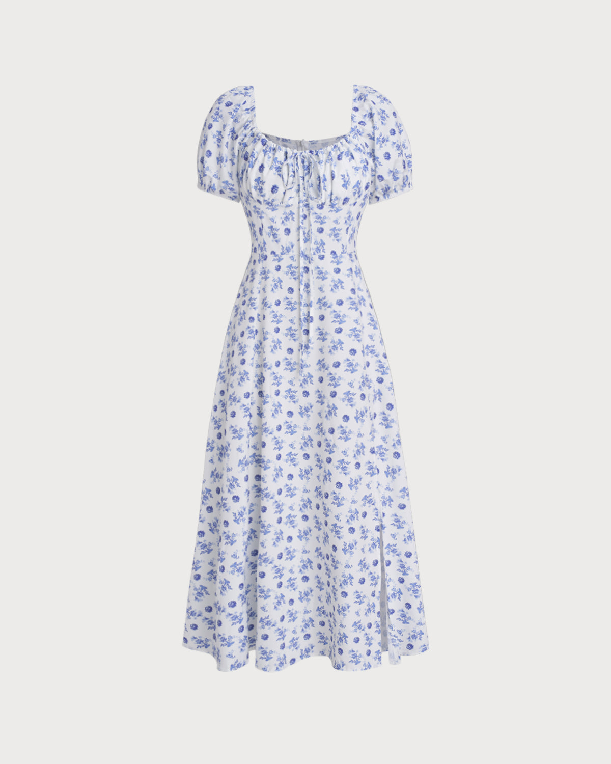 Blue Floral Square Neck Ruched Midi Dress - Threadford