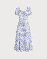 Blue Floral Square Neck Ruched Midi Dress - Threadford