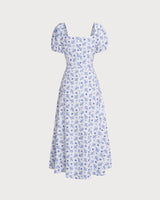 Blue Floral Square Neck Ruched Midi Dress - Threadford