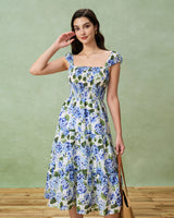 Blue Floral Square Neck Shirred Midi Dress - Threadford