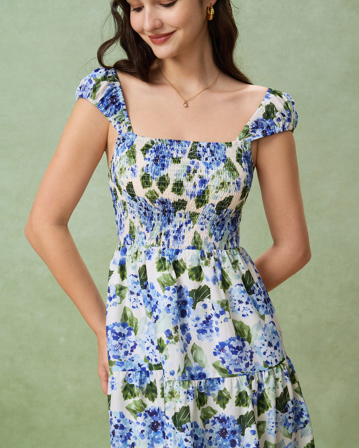 Blue Floral Square Neck Shirred Midi Dress - Threadford