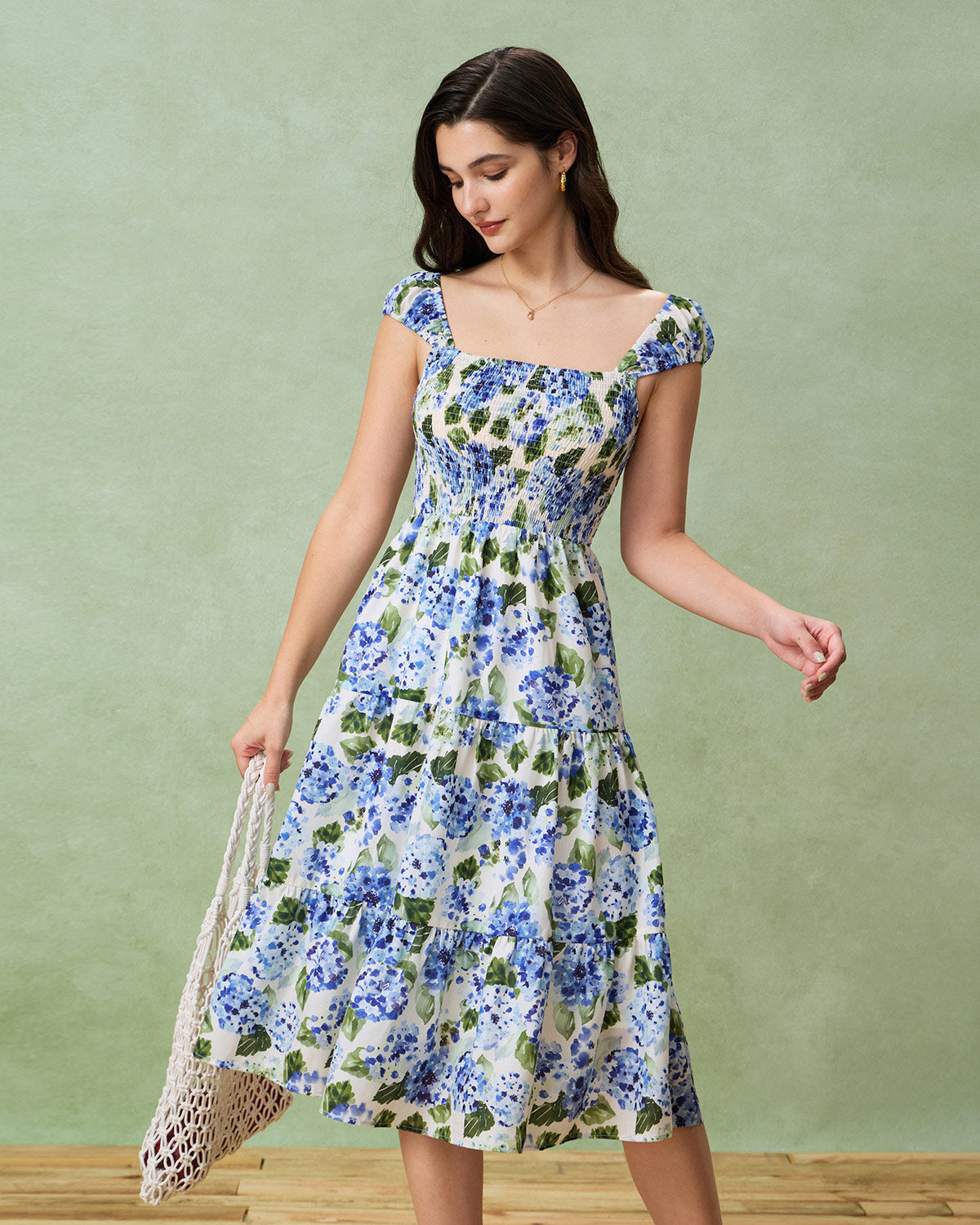 Blue Floral Square Neck Shirred Midi Dress - Threadford