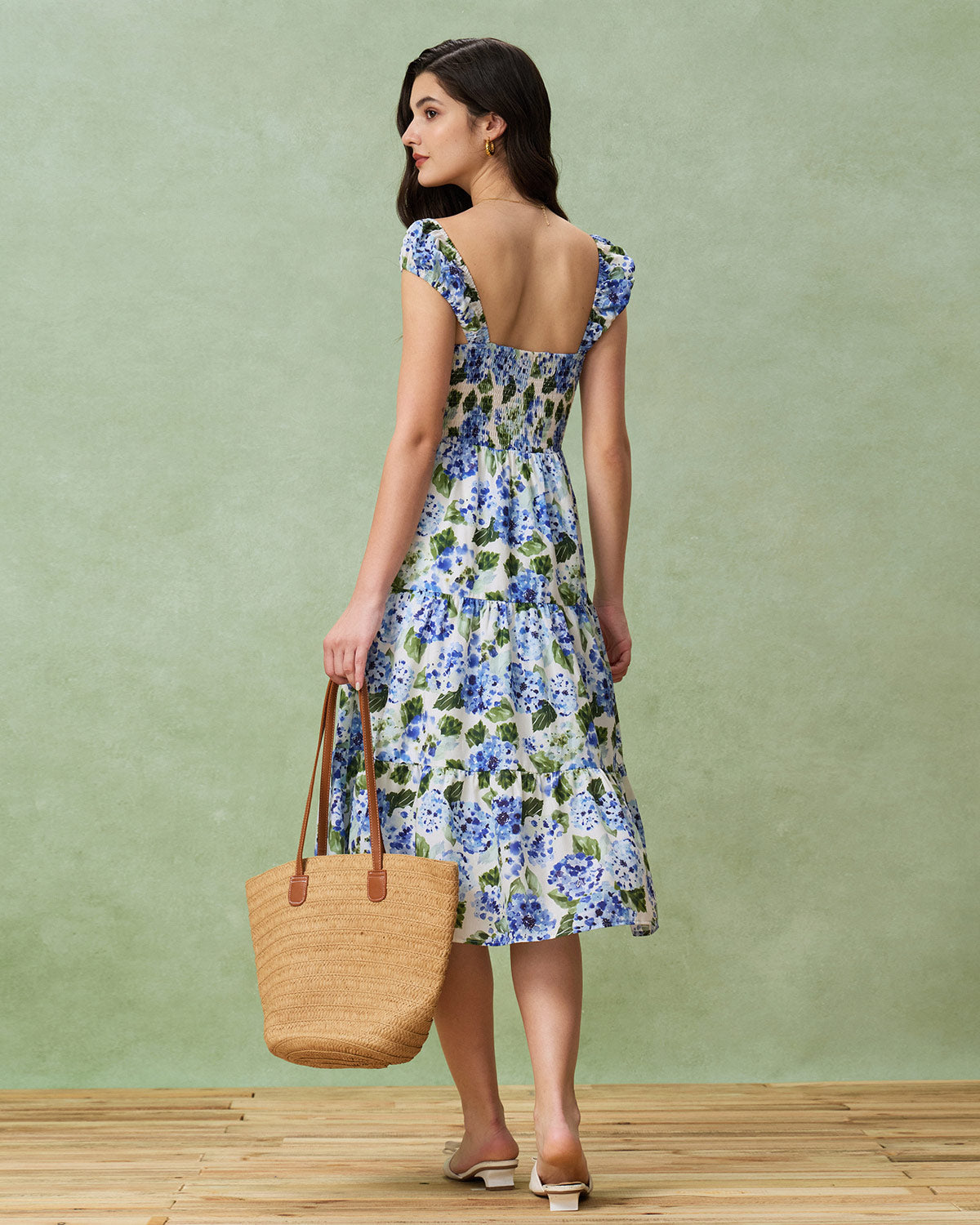 Blue Floral Square Neck Shirred Midi Dress - Threadford