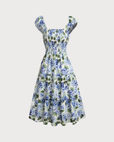 Blue Floral Square Neck Shirred Midi Dress - Threadford