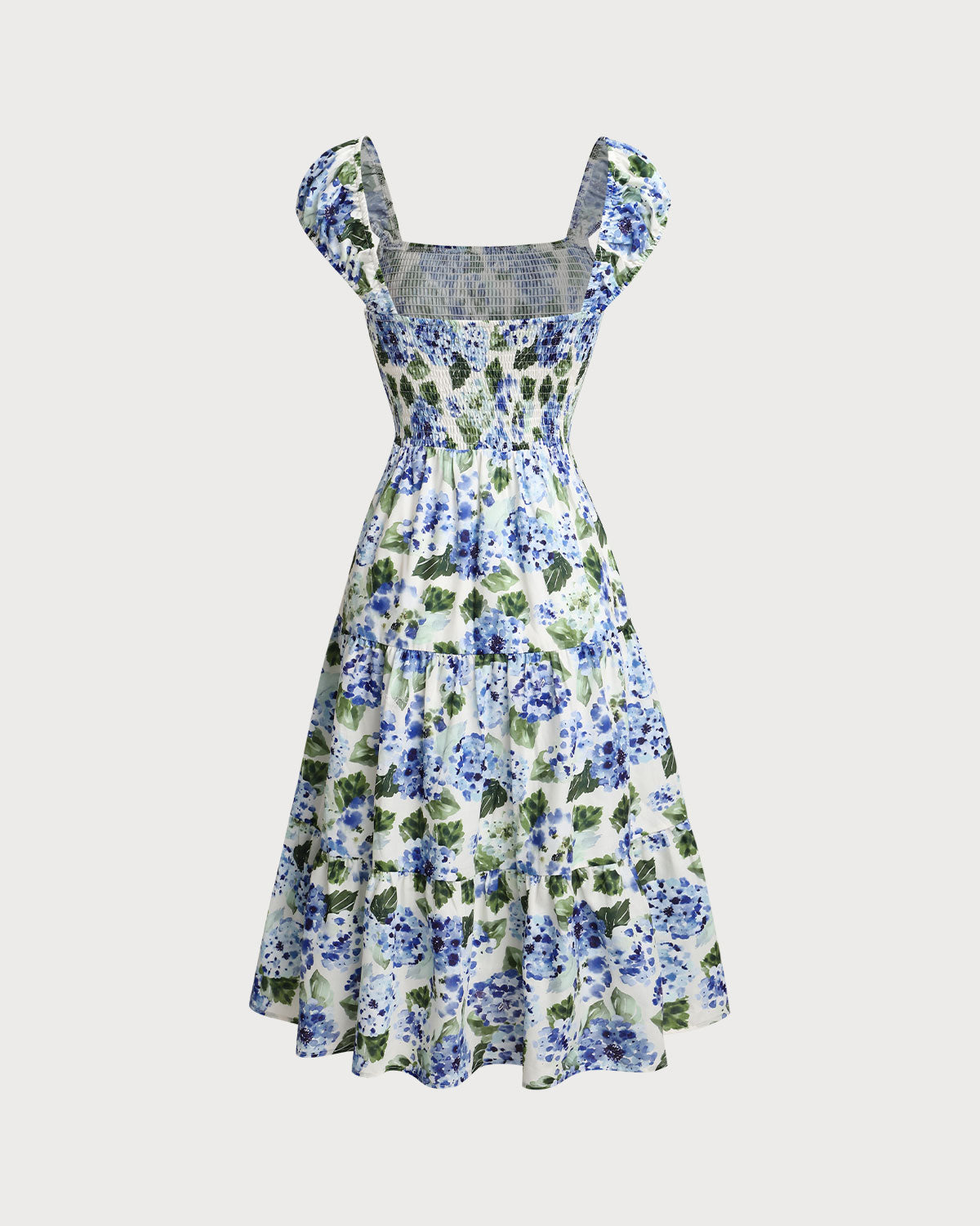 Blue Floral Square Neck Shirred Midi Dress - Threadford