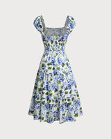 Blue Floral Square Neck Shirred Midi Dress - Threadford