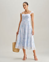 Blue Floral Sweetheart Neck Slip Midi Dress - Threadford