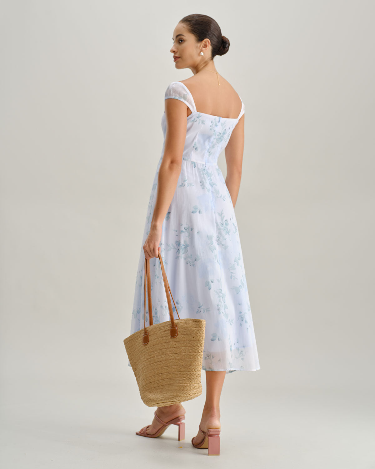 Blue Floral Sweetheart Neck Slip Midi Dress - Threadford