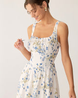 Blue Floral U Neck A-Line Midi Dress - Threadford