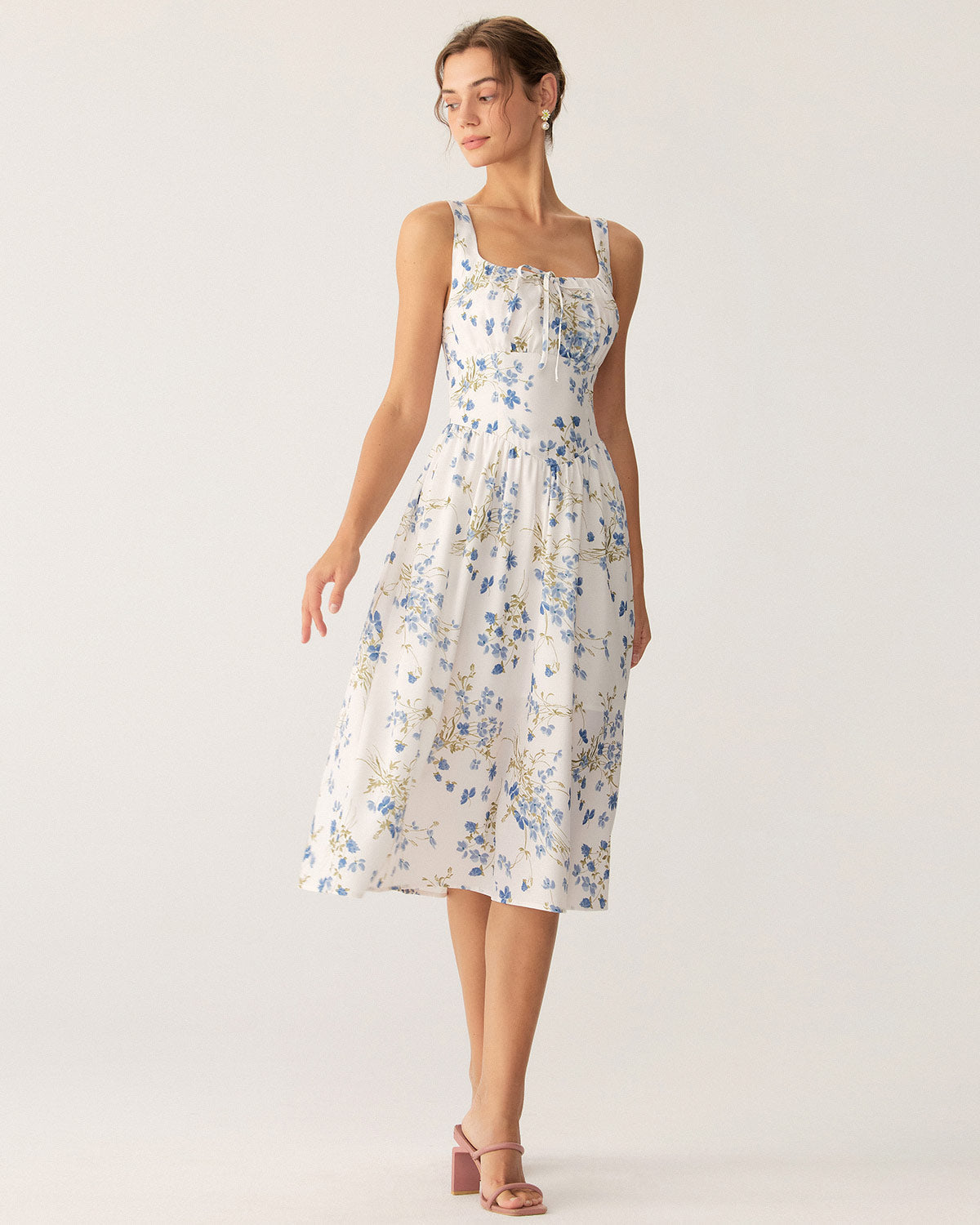 Blue Floral U Neck A-Line Midi Dress - Threadford