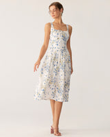 Blue Floral U Neck A-Line Midi Dress - Threadford