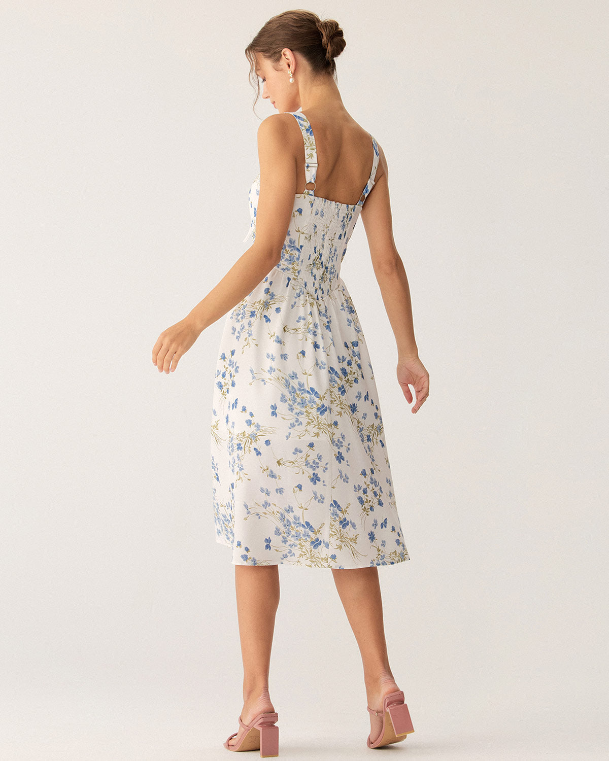 Blue Floral U Neck A-Line Midi Dress - Threadford