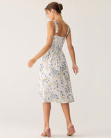 Blue Floral U Neck A-Line Midi Dress - Threadford